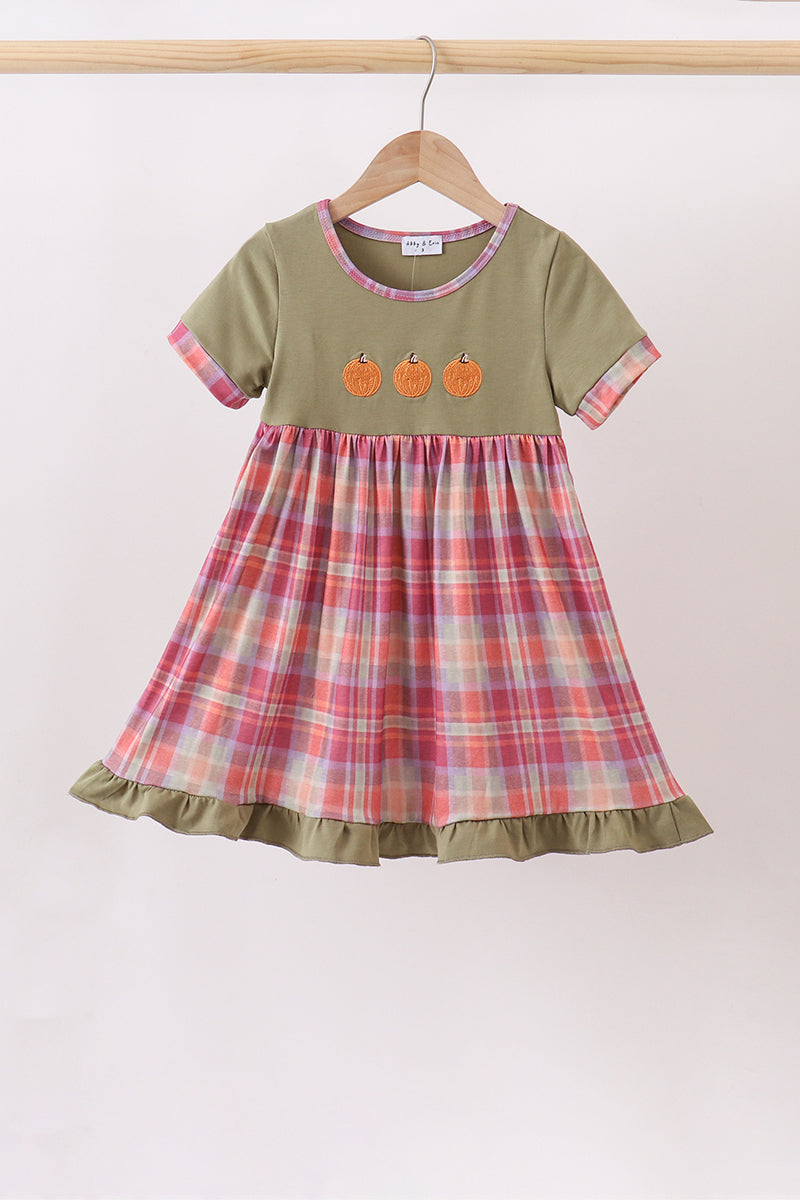 Pumpkin Embroidery Plaid Dress