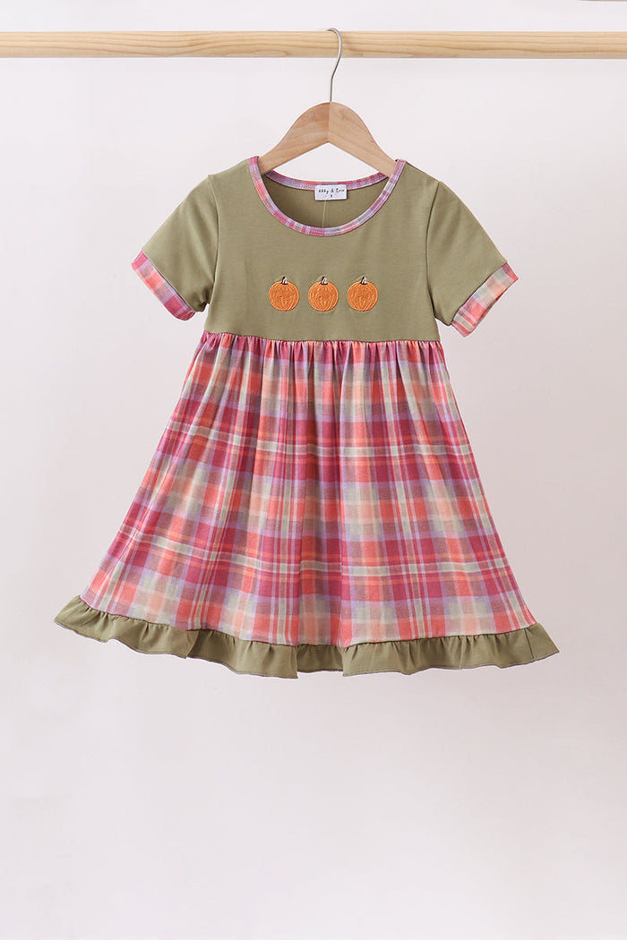 Pumpkin Embroidery Plaid Dress