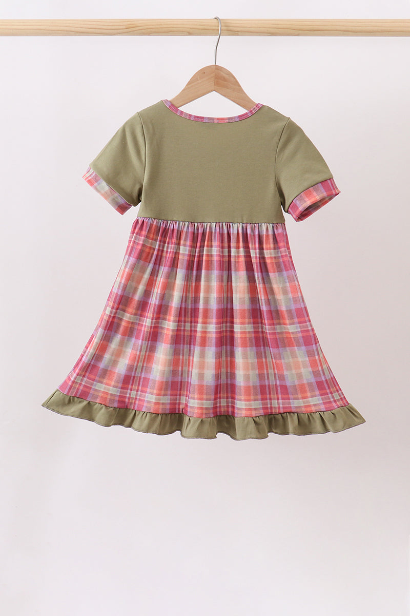Pumpkin Embroidery Plaid Dress