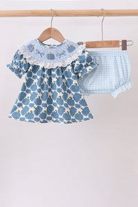 Pumpkin bow smocked lace bloomer set