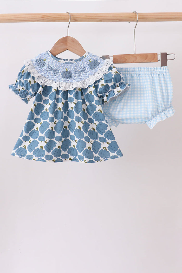 Pumpkin bow smocked lace bloomer set