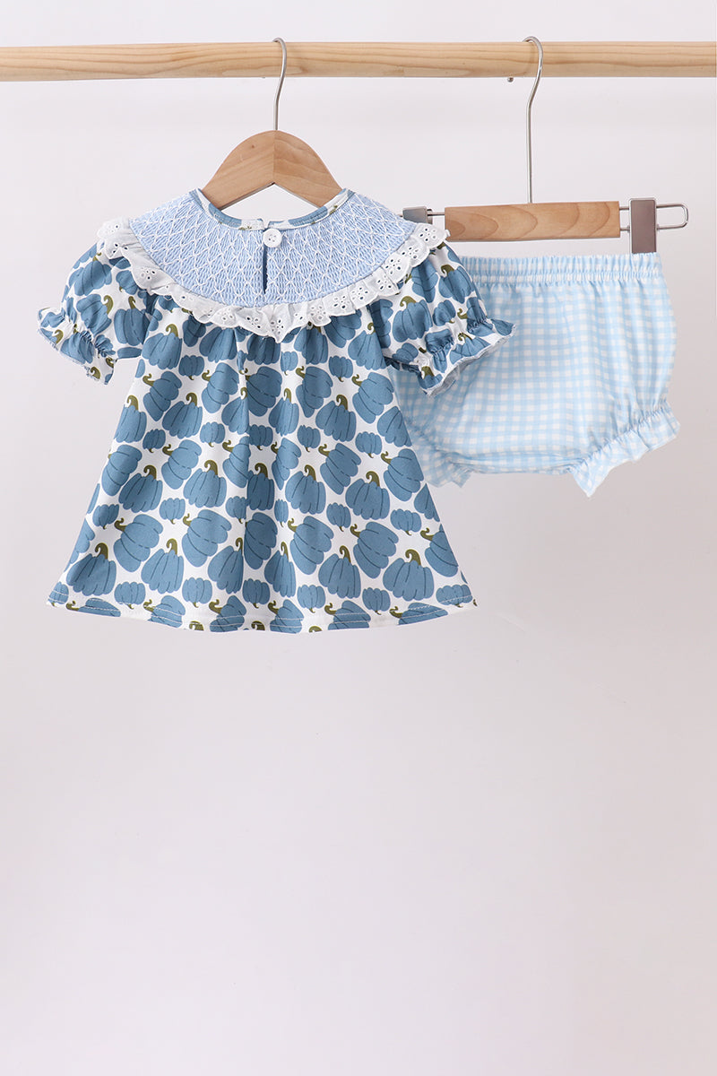 Pumpkin bow smocked lace bloomer set