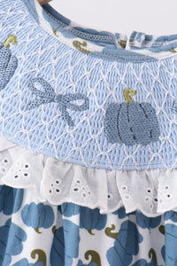 Pumpkin bow smocked lace dress