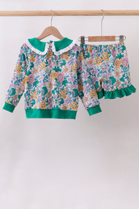 Green Floral Ruffle Shorts Set