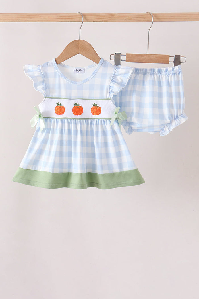 Pumpkin Embroidery Gingham Bloomer set