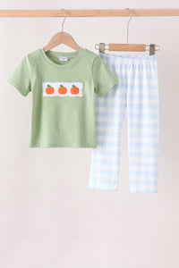 Pumpkin Embroidery Gingham pants Set
