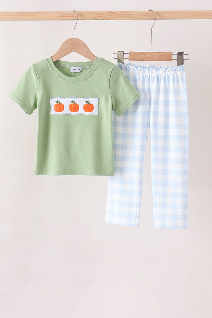 Pumpkin Embroidery Gingham pants Set