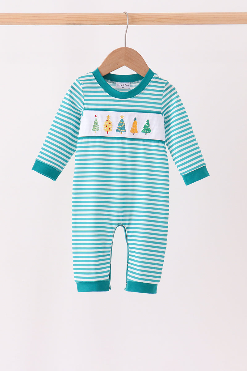 Christmas Tree Embroidery Stripe Romper