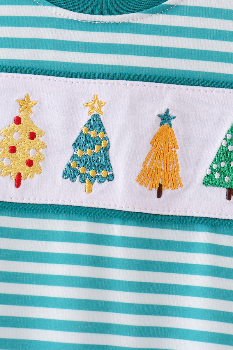 Christmas Tree Embroidery Stripe Romper