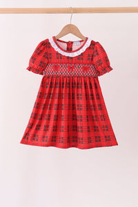 Red Plaid Bow Smocked Ruffe Dress