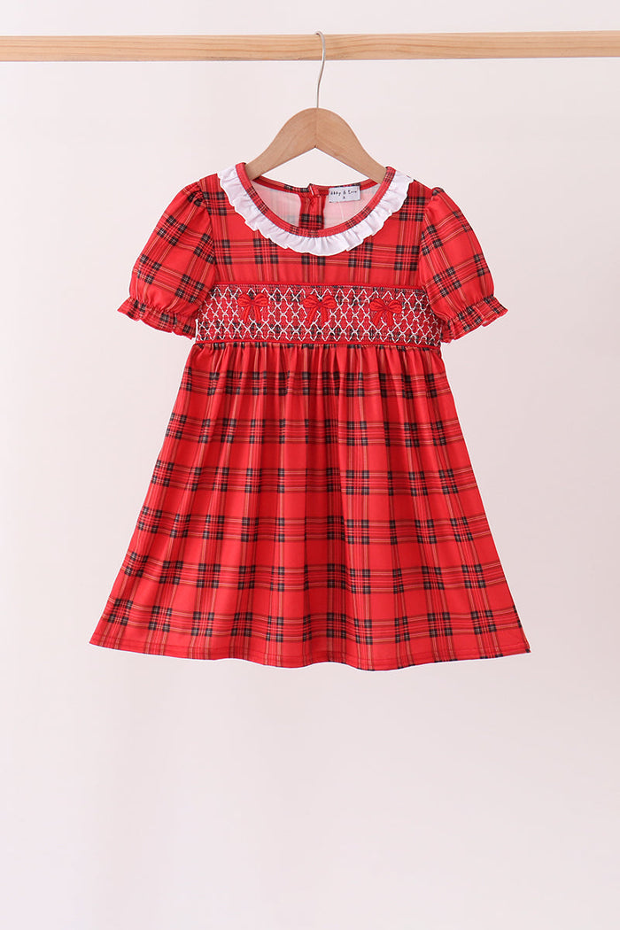 Red Plaid Bow Smocked Ruffe Dress