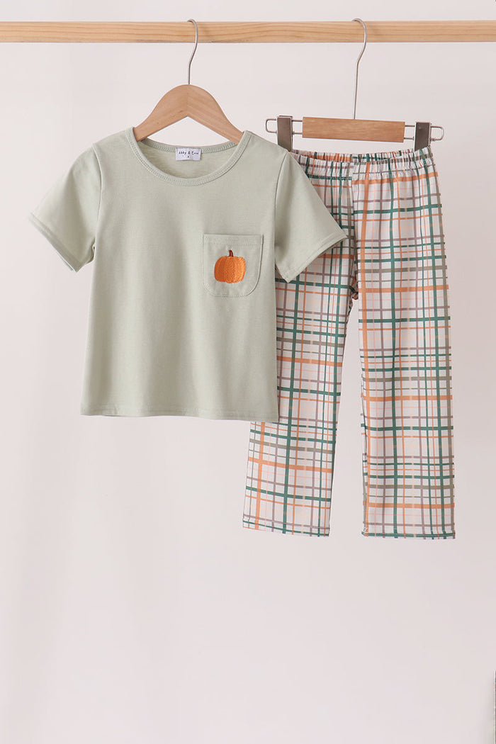 Pumpkin Embroidery Plaid pants set