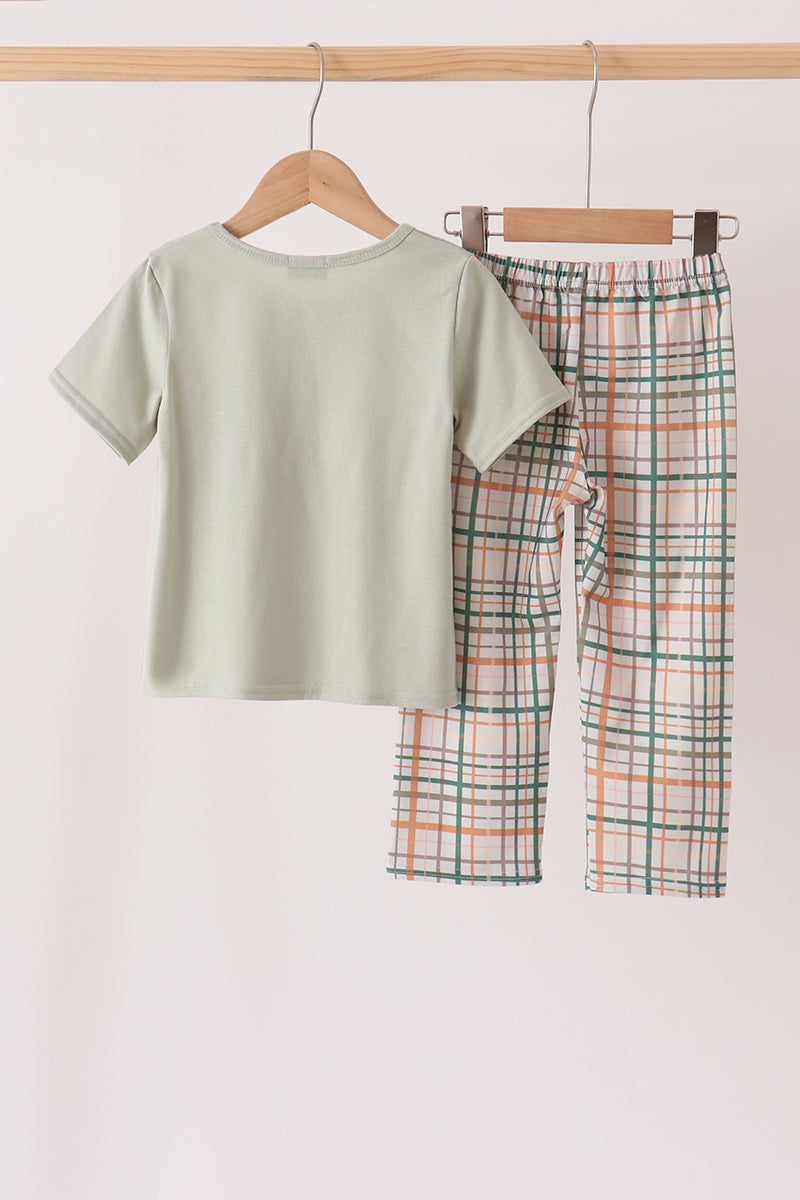 Pumpkin Embroidery Plaid pants set
