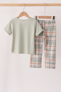 Pumpkin Embroidery Plaid pants set