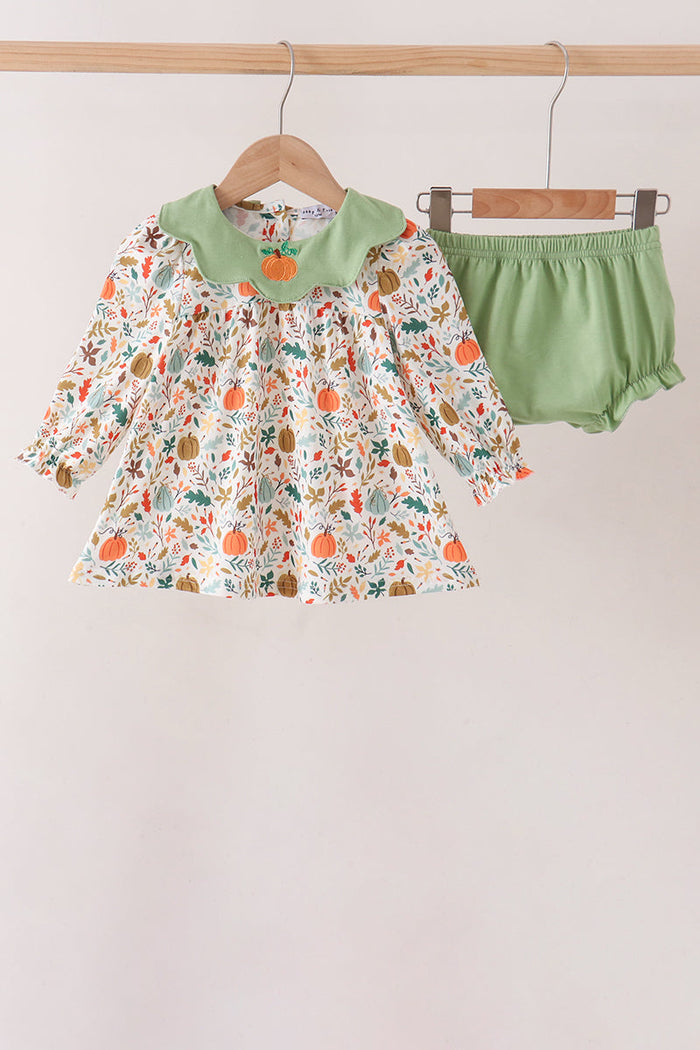 Pumpkin embroidery leaves bloomer set