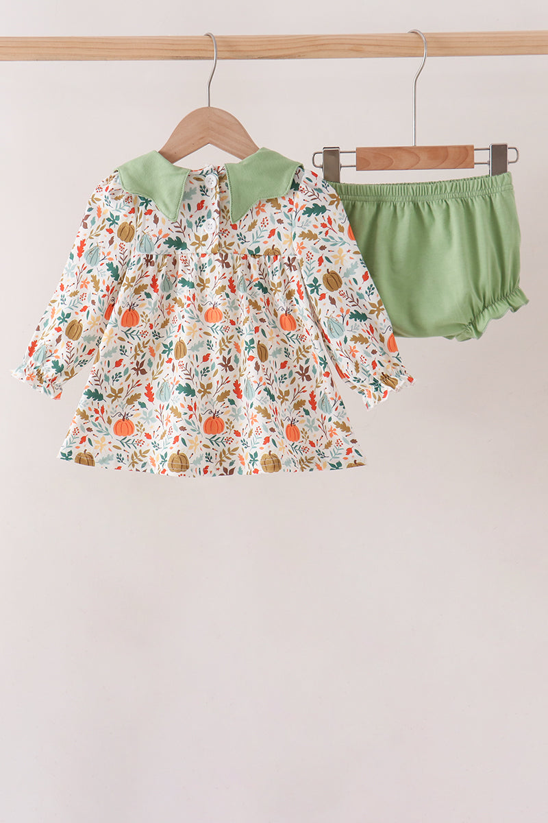 Pumpkin embroidery leaves bloomer set