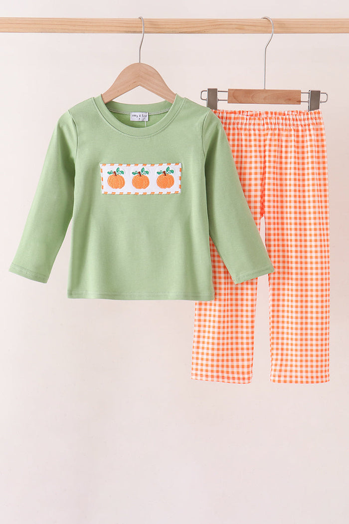 Pumpkin embroidery gingham pants set