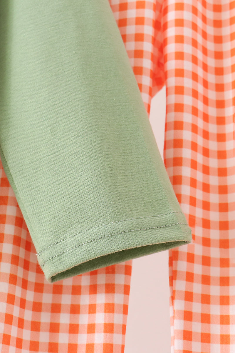 Pumpkin embroidery gingham pants set