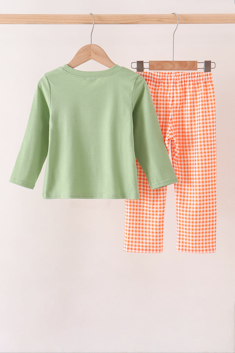 Pumpkin embroidery gingham pants set