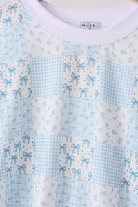 Blue floral bow checkered mom&me pants set