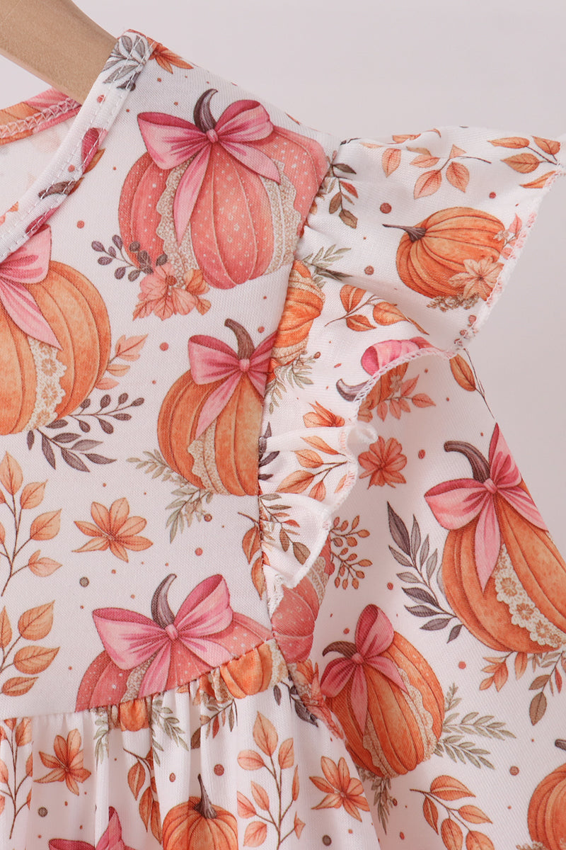 Pumpkin Print Ruffle Dress