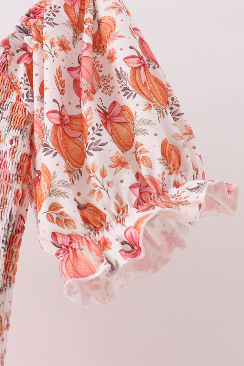 Pumpkin Print Smocked Mom Dress