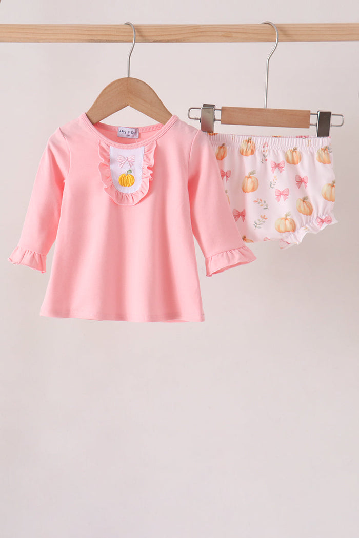 Pumpkin bow embroidery ruffle bloomer set