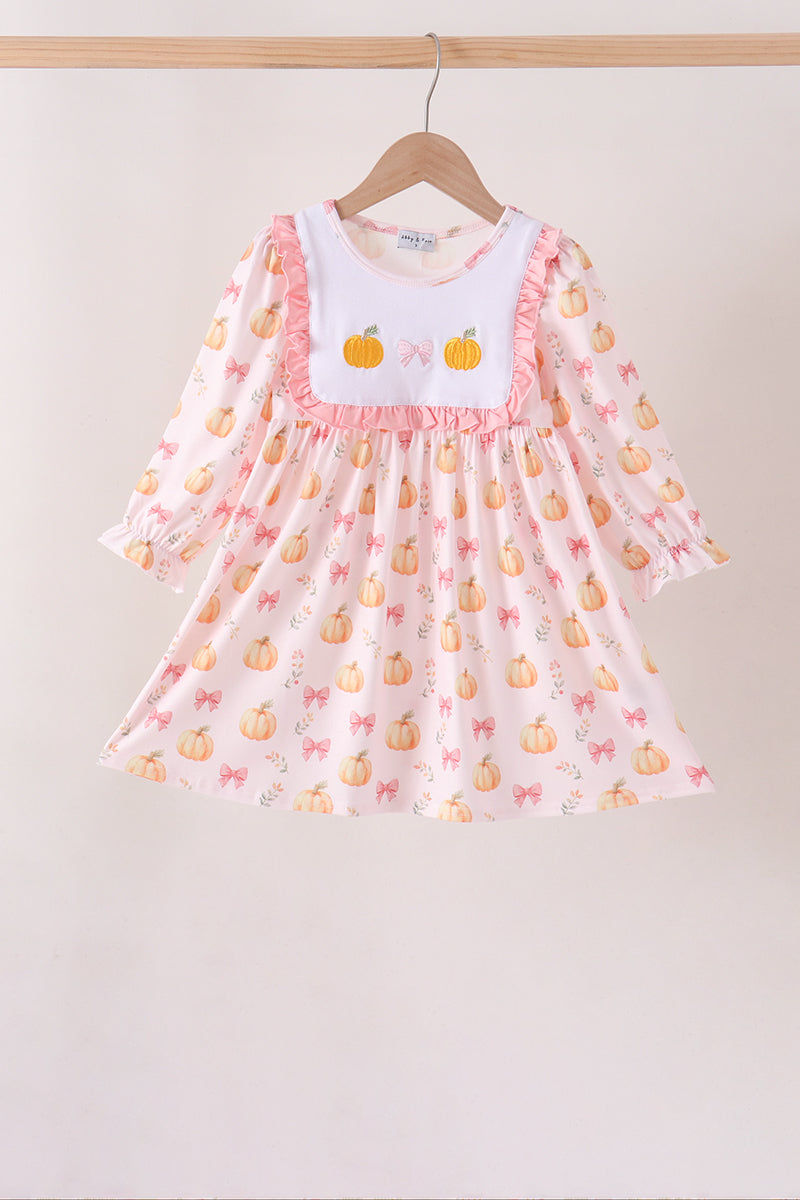 Pumpkin bow embroidery ruffle dress