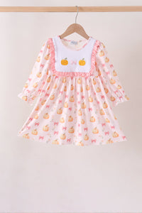 Pumpkin bow embroidery ruffle dress