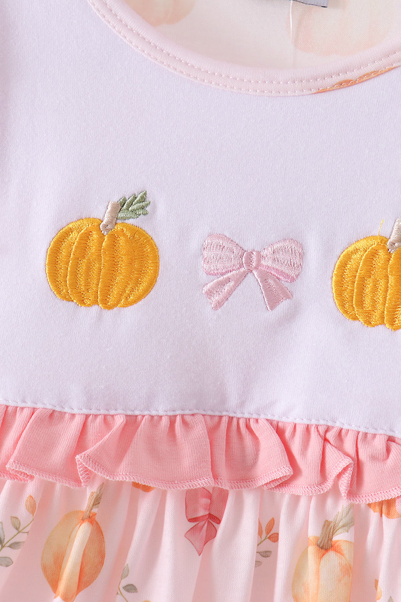 Pumpkin bow embroidery ruffle dress