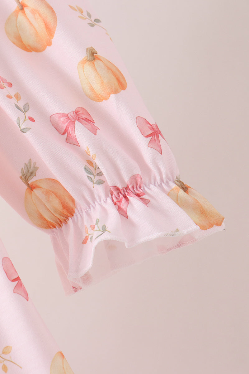 Pumpkin bow embroidery ruffle dress