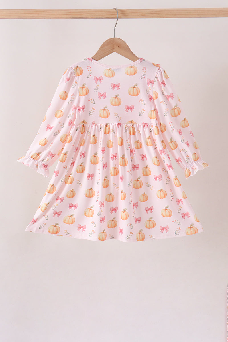 Pumpkin bow embroidery ruffle dress