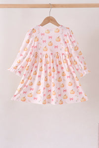 Pumpkin bow embroidery ruffle dress