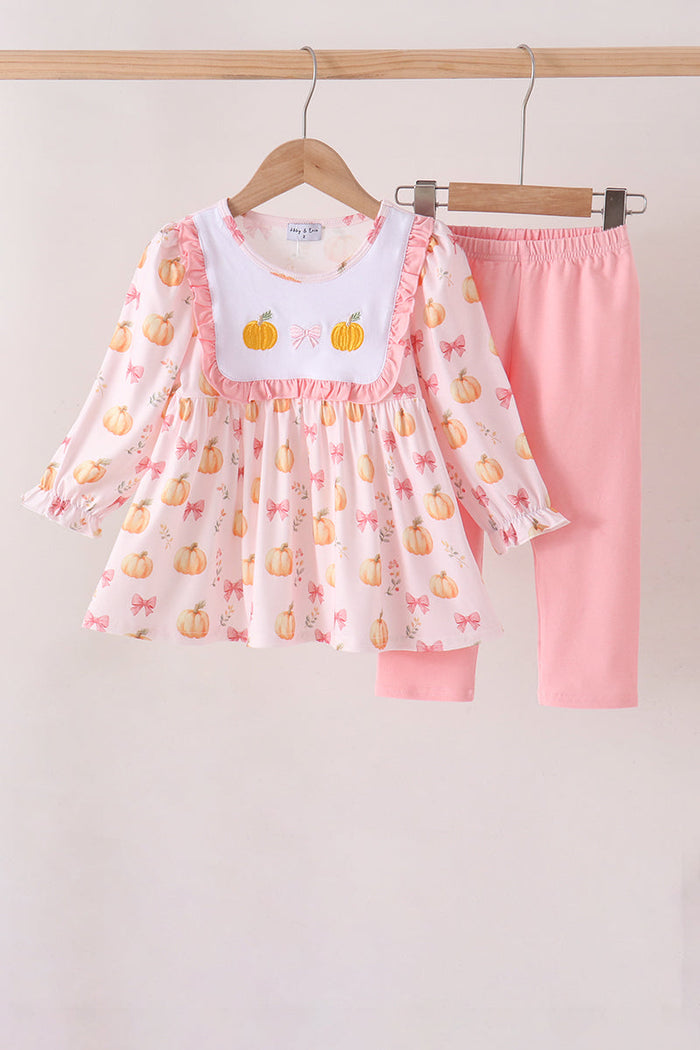 Pumpkin bow embroidery ruffle pants set