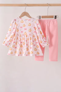 Pumpkin bow embroidery ruffle pants set