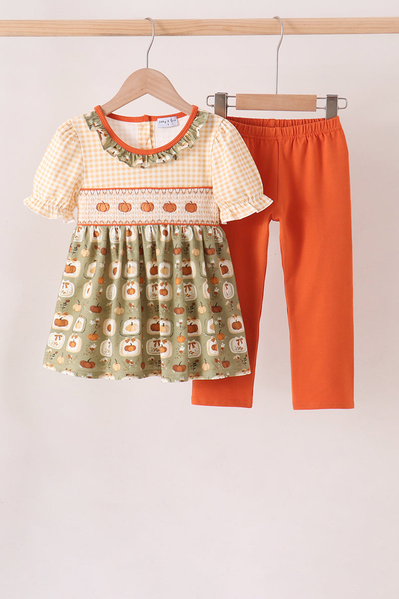 Pumpkin smocked ruffle pants set