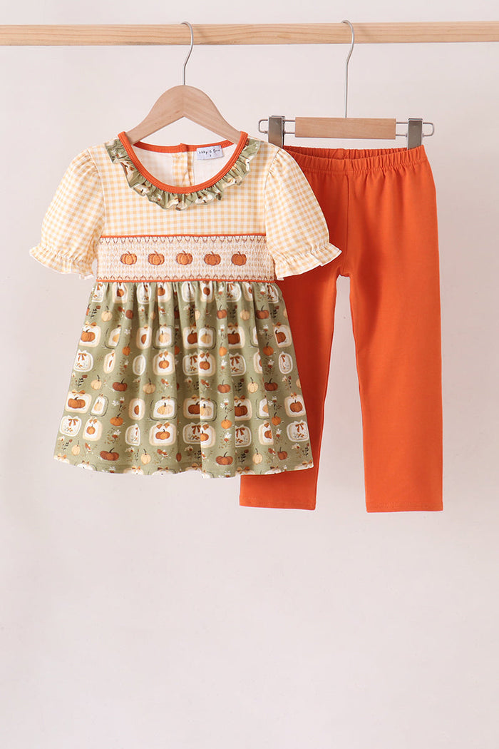 Pumpkin smocked ruffle pants set