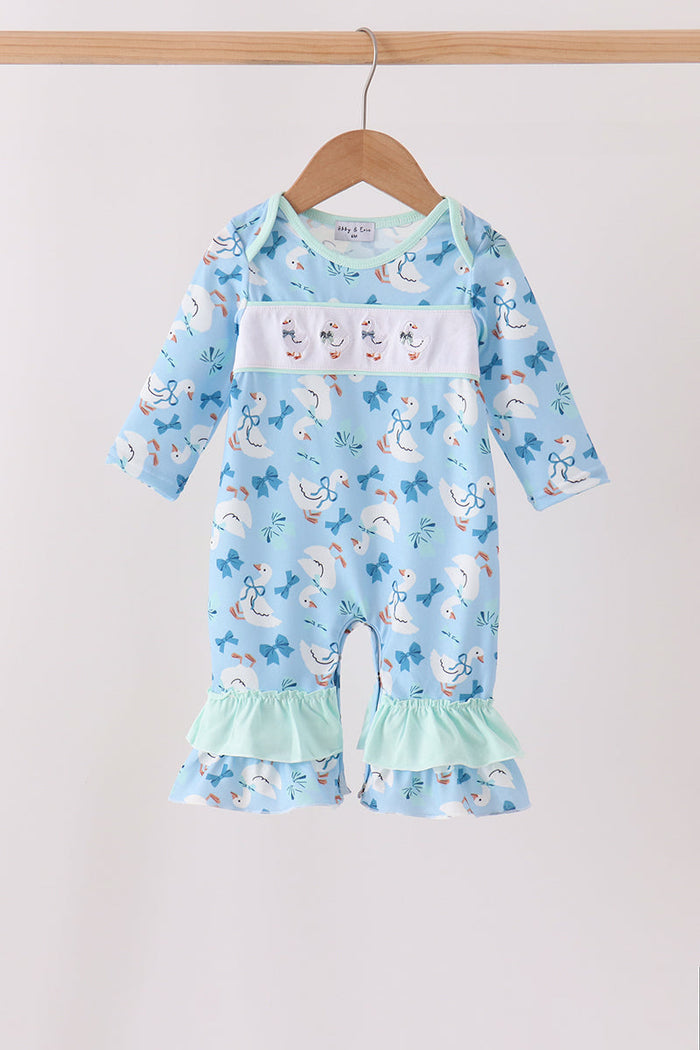 Goose bow embroidery ruffle romper