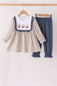 Cotton embroidery gingham ruffle pants set