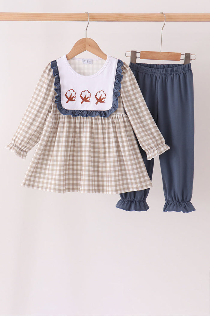 Cotton embroidery gingham ruffle pants set