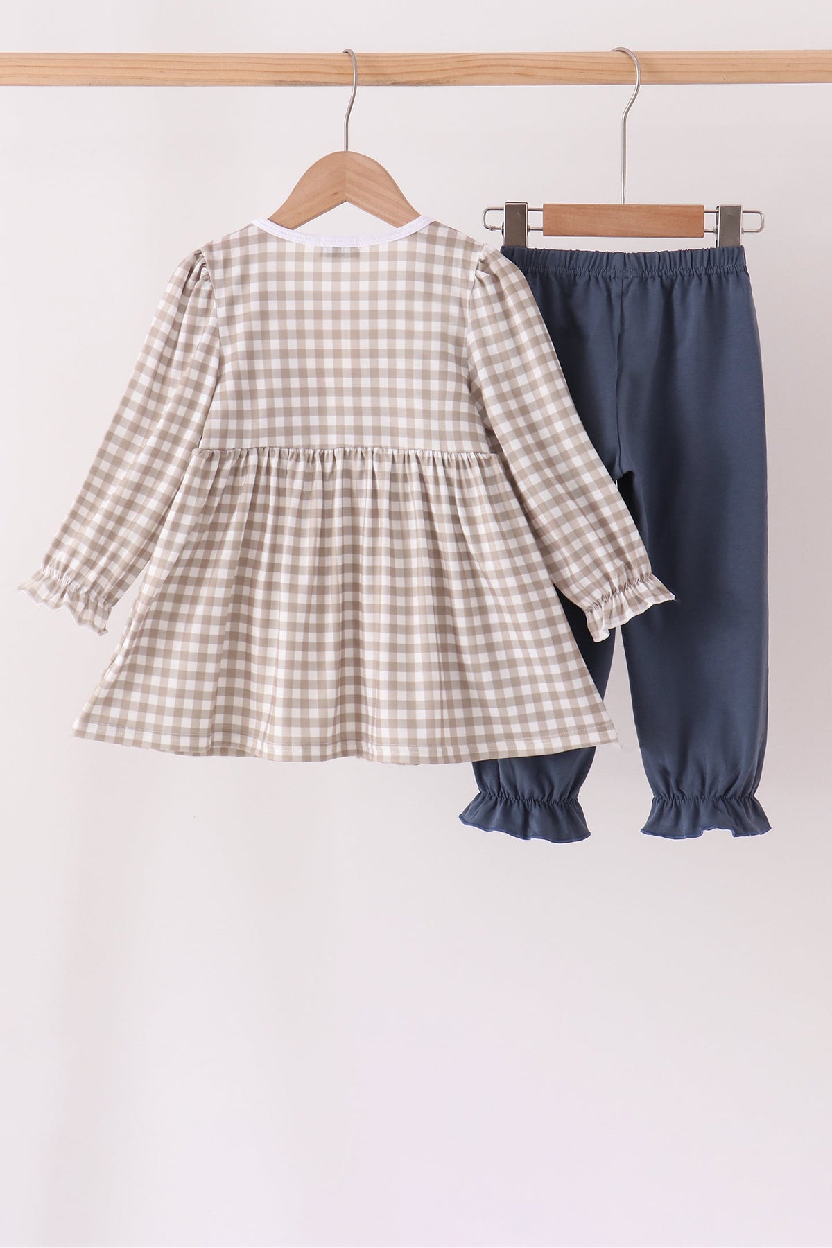 Cotton embroidery gingham ruffle pants set
