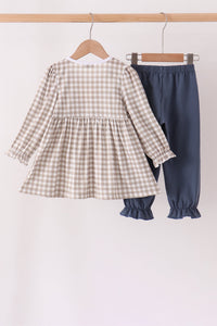 Cotton embroidery gingham ruffle pants set
