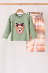 Reindeer Applique Stripe Pants Set