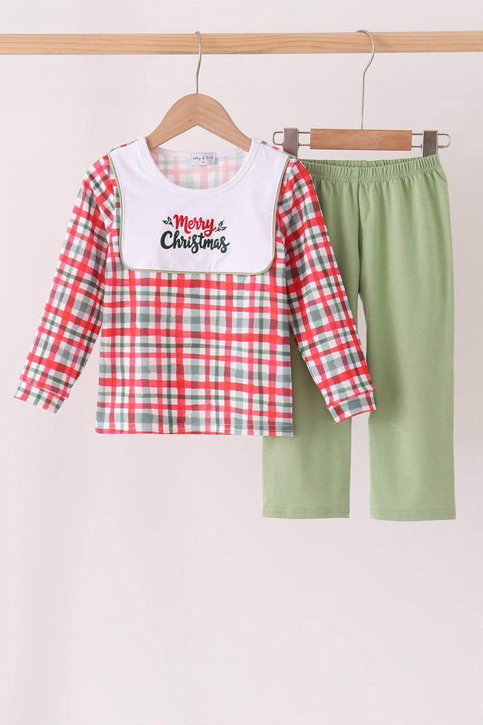 Merry christmas embroidery plaid pants set