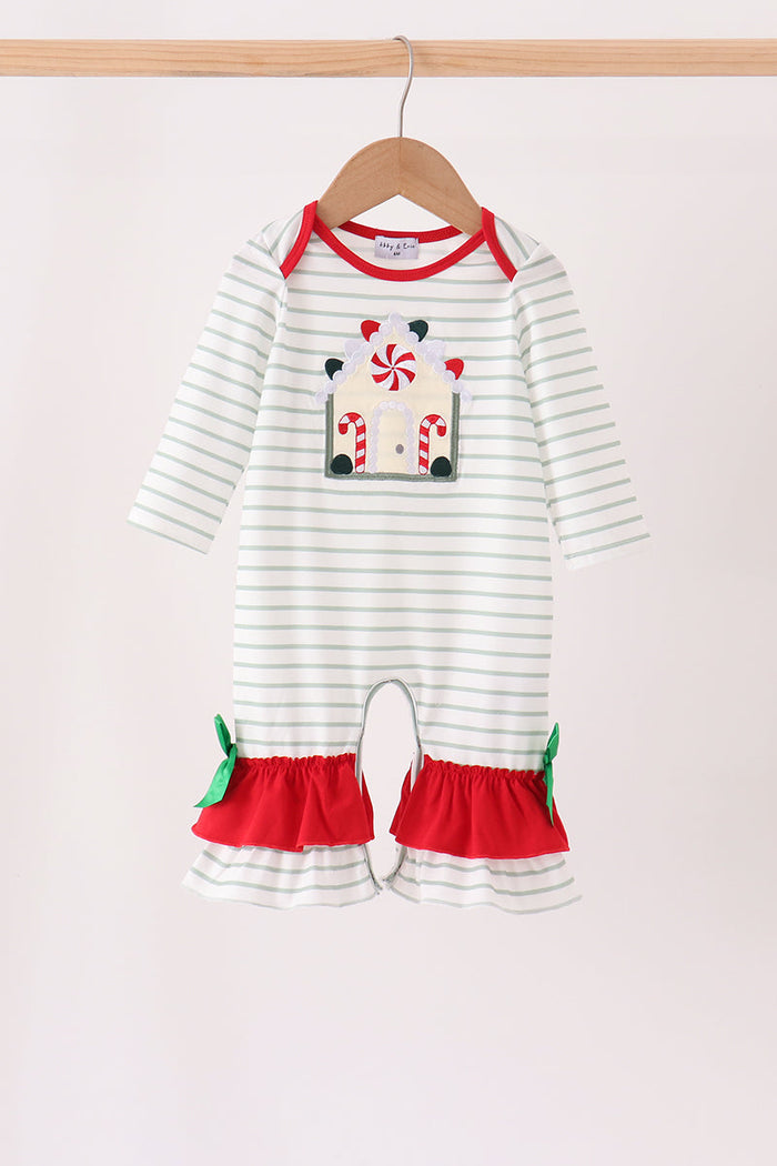 Gingerbread house applique stripe ruffle romper