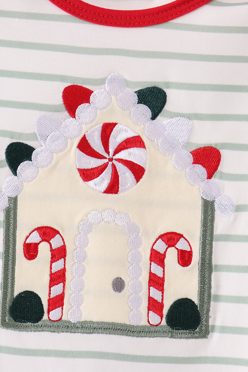 Gingerbread house applique stripe ruffle romper