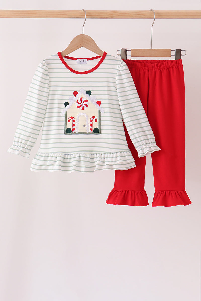 Gingerbread house applique stripe ruffle pants set