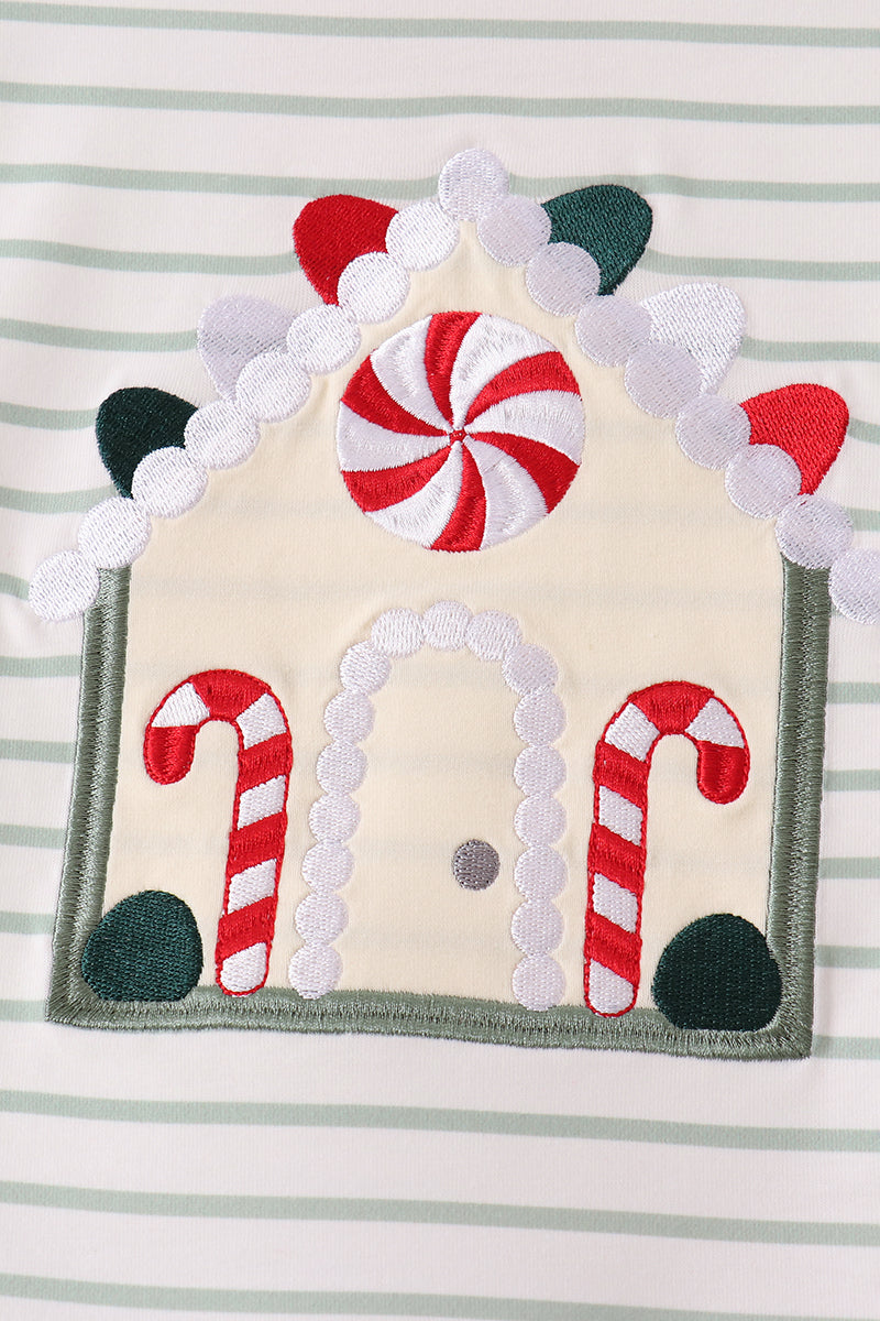 Gingerbread house applique stripe ruffle pants set