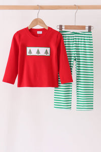 Christmas Tree Embroidery Stripe Pants Set