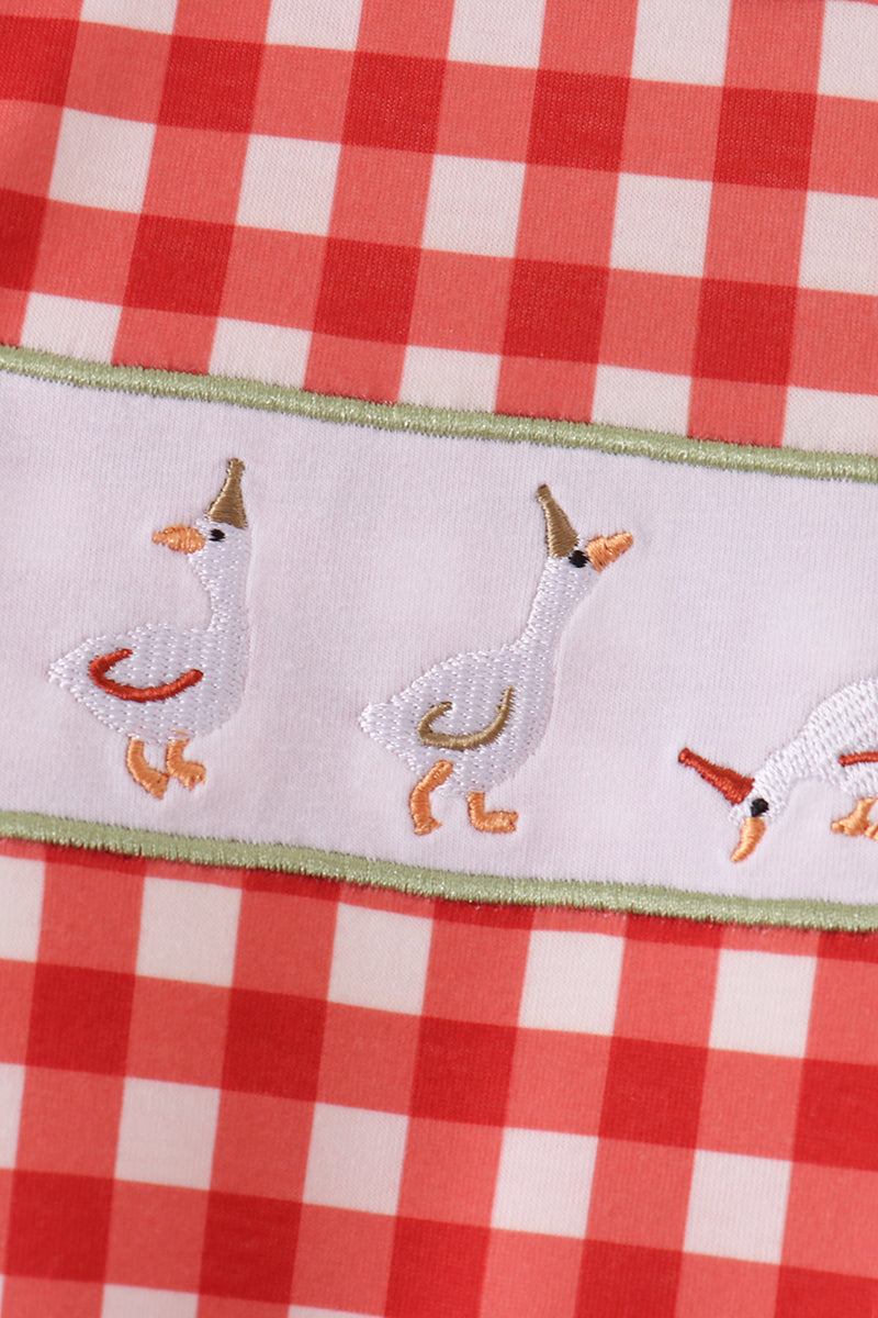 Goose embroidery gingham romper
